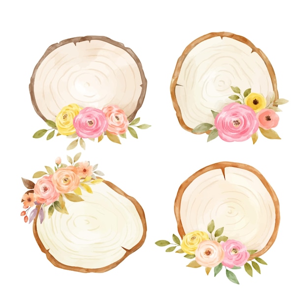 Draw vector illustration wooden slice circle shape with floral arrangement Watercolor style