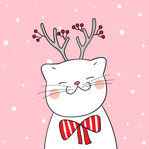 Draw white cat with beauty scarf in snow for winter season