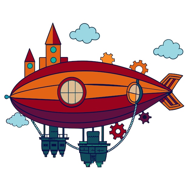 Vector a drawing of a airship with a sky background and a picture of a castle