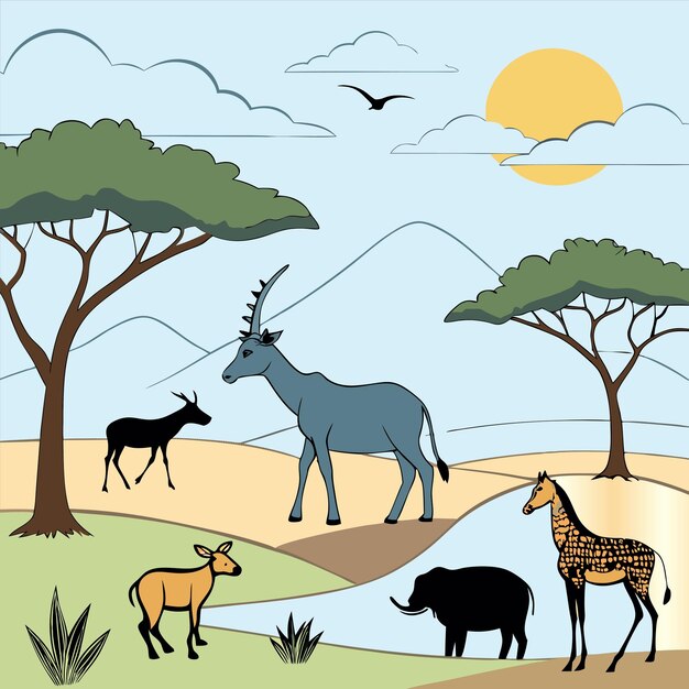 Vector a drawing of animals and trees with a sun and a blue sky with a moon in the background