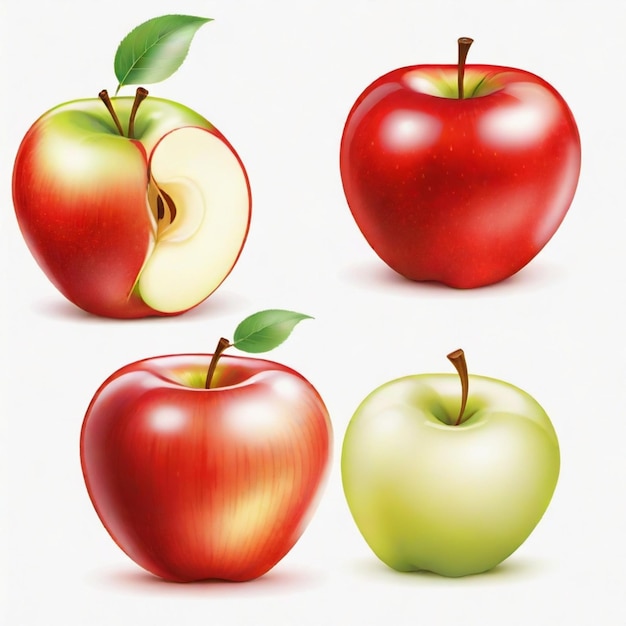 a drawing of apples and one with a green leaf