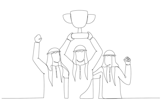 Drawing of arab businessman standing in medals on necks holding golden trophy concept on teamwork Single continuous line art