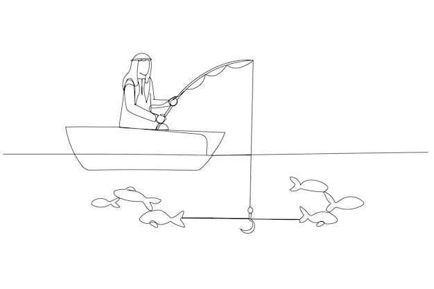 Drawing of arab businessman try to get fish but not getting one concept of unsuccessful Single continuous line art