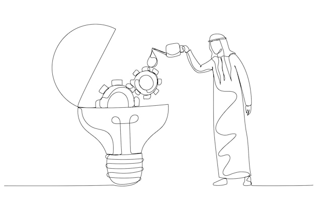 Drawing of arab man drop oil lubricant into idea lightbulb lamp with mechanical gears One line art style