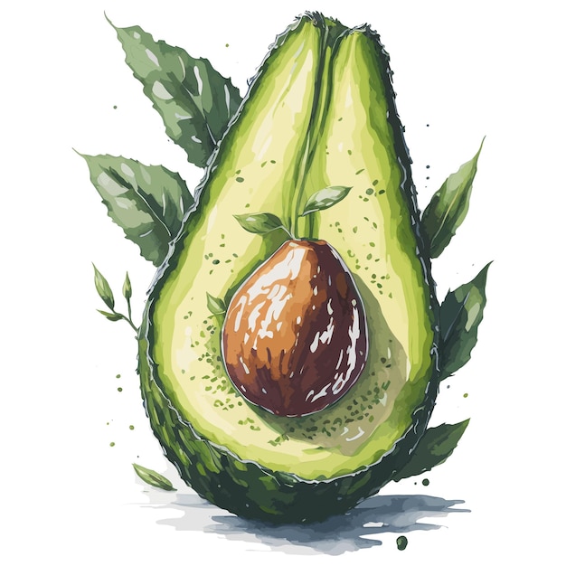 A drawing of an avocado with a leaf and the word avocado on it.