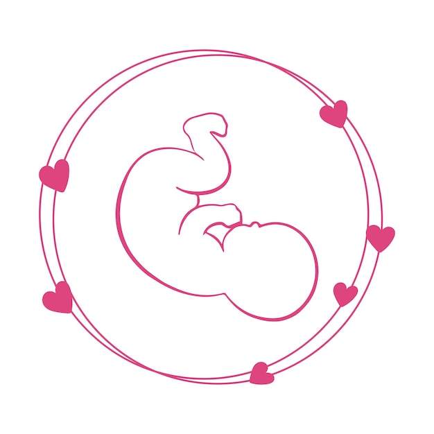 Drawing of a baby in a circle with hearts around it. Newborn icon, postcard, vector