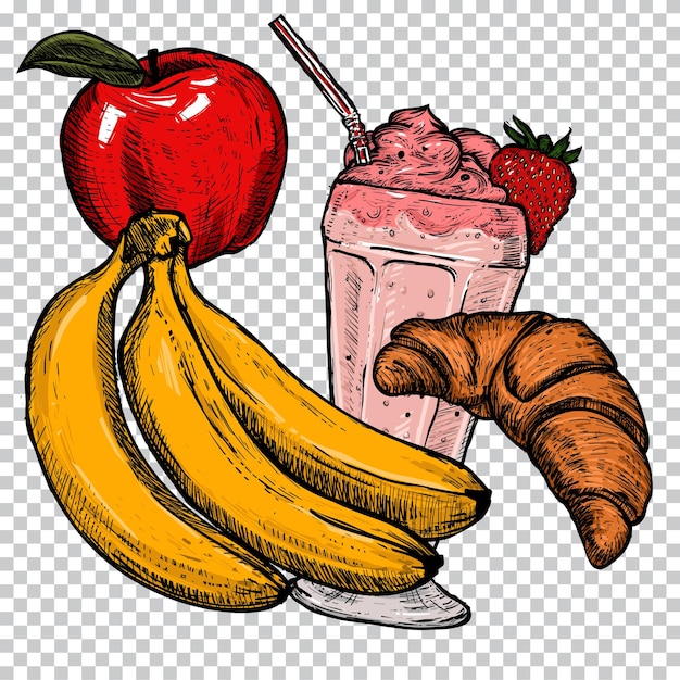 A drawing of a banana, a banana, a strawberry, a banana, a milkshake and a strawberries