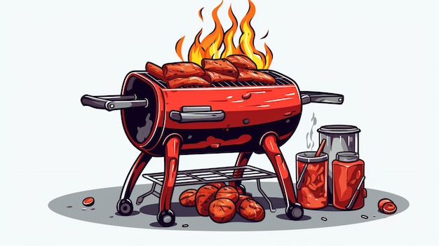 Vector a drawing of a barbecue with a flame in the bottom right corner