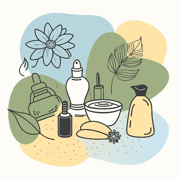 Vector a drawing of a beach scene with a flower and a bottle of lotion