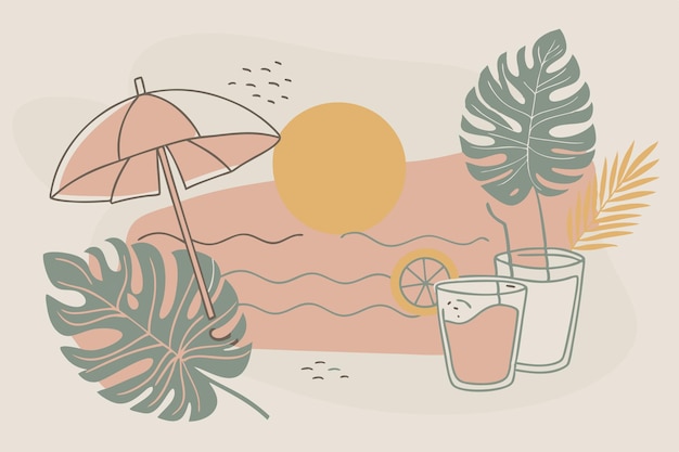 Vector a drawing of a beach scene with a glass of orange juice and a beach umbrella