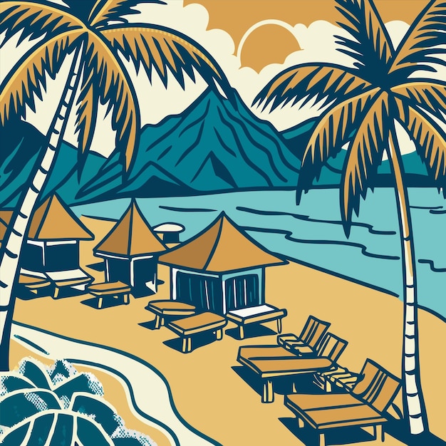 a drawing of a beach scene with palm trees and a mountain in the background