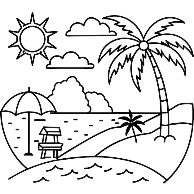 a drawing of a beach with a palm tree and a house on the beach