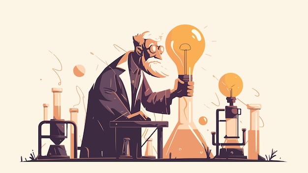 a drawing of a bearded man in a lab with a light bulb in his hand