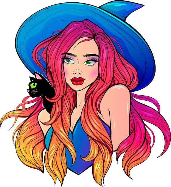 drawing, beautiful, girl, witch, halloween, witch hat, long hair, mushrooms, fly agarics, magic, girl reads, magic book, black outline, coloring,