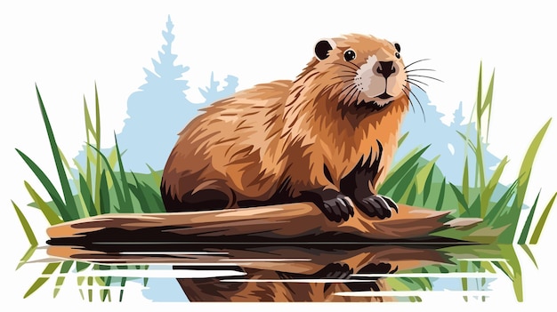 Vector a drawing of a beaver with a reflection of a beaver on a water surface