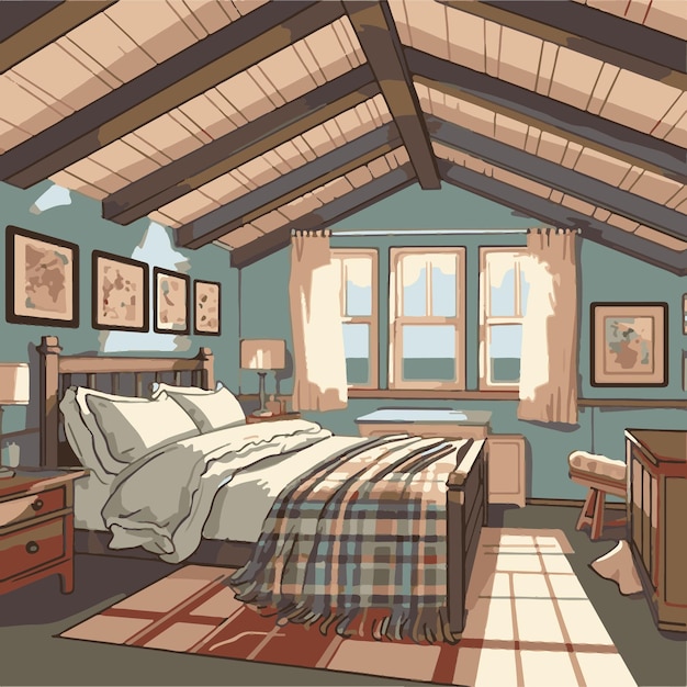 A drawing of a bedroom with a bed and a dresser.