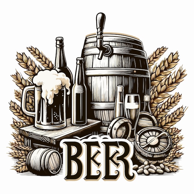 Vector a drawing of a beer bottle and a barrel with the word beer on it