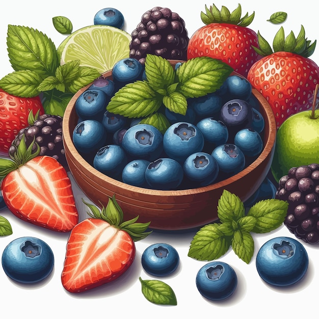 a drawing of berries blueberries and strawberries with a basket of strawberries