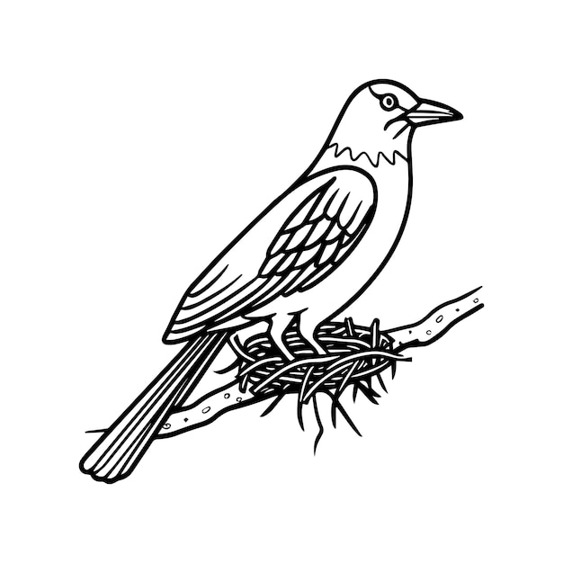 a drawing of a bird on a branch with a black outline