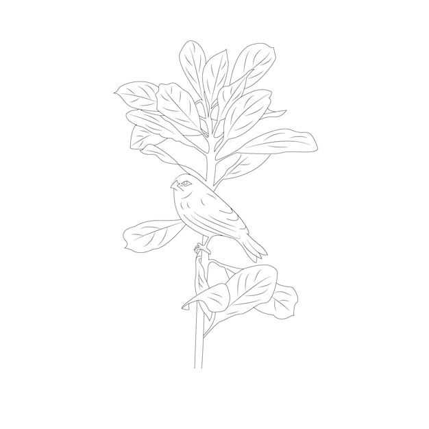 a drawing of a bird on a branch with leaves and flowers