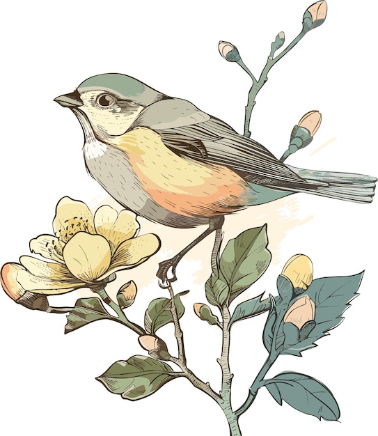 a drawing of a bird and flowers with a bird on it