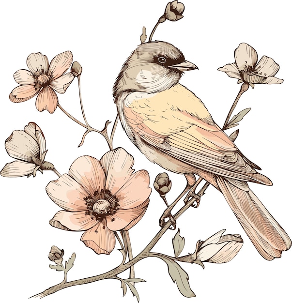 a drawing of a bird with flowers and a bird on it