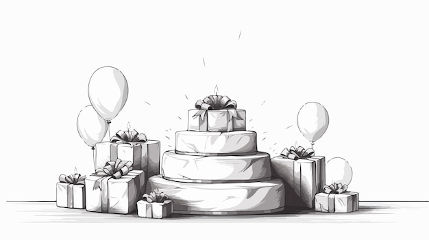 a drawing of a birthday cake with balloons and balloons