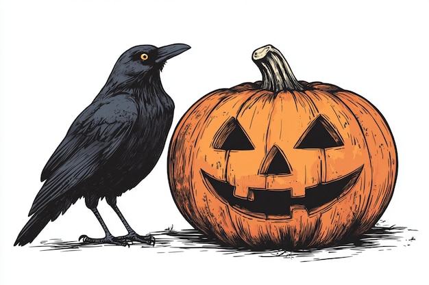 a drawing of a black crow and a pumpkin with a carved face