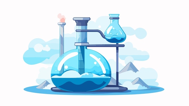 a drawing of a blue bottle with mountains in the background