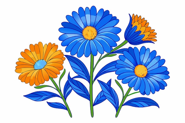 a drawing of blue and orange flowers with orange and blue flowers