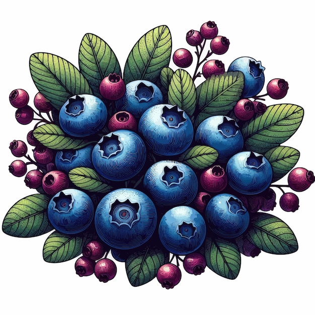 a drawing of blueberries with leaves and blueberries