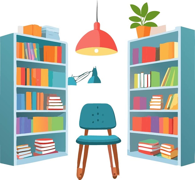 Vector a drawing of a bookcase with books on it and a chair in the center