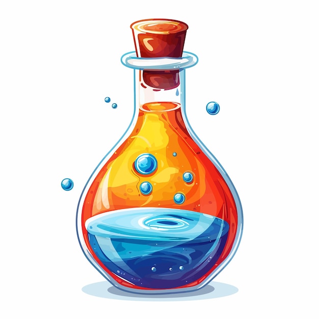 a drawing of a bottle of orange and blue liquid with bubbles in it