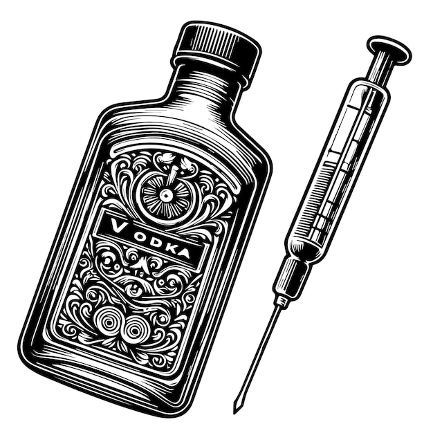 a drawing of a bottle of vz next to a syringe