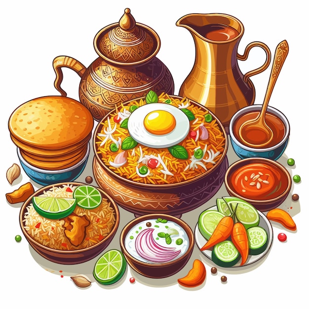 Vector a drawing of a bowl of food including eggs vegetables and rice