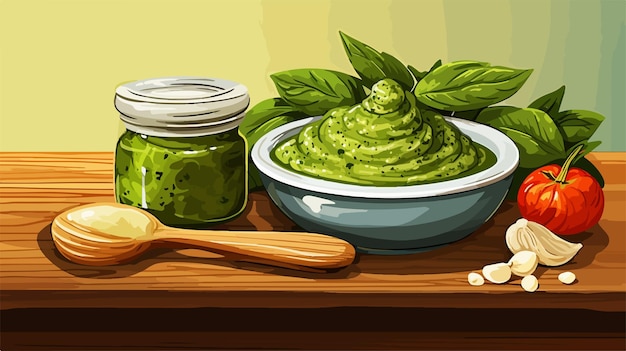 Vector a drawing of a bowl of guacamole next to a bowl of avocado