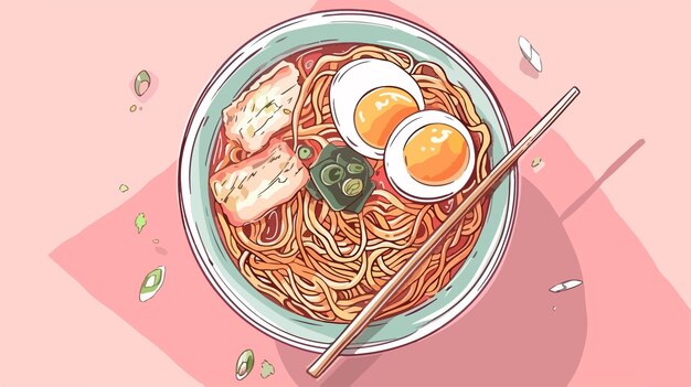 Vector a drawing of a bowl of noodles with noodles and meat