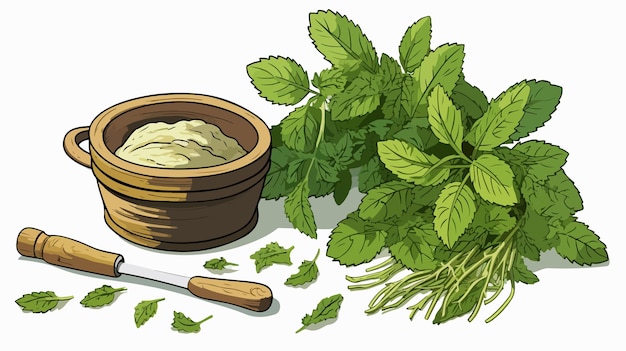 Vector a drawing of a bowl of parsley next to a can of parsley