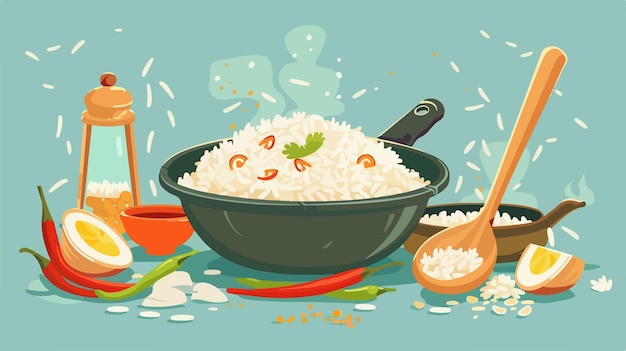 Vector a drawing of a bowl of rice with a spoon and vegetables