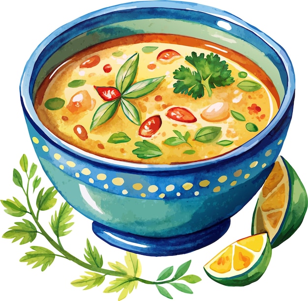 a drawing of a bowl of soup with a lemon wedge on the side