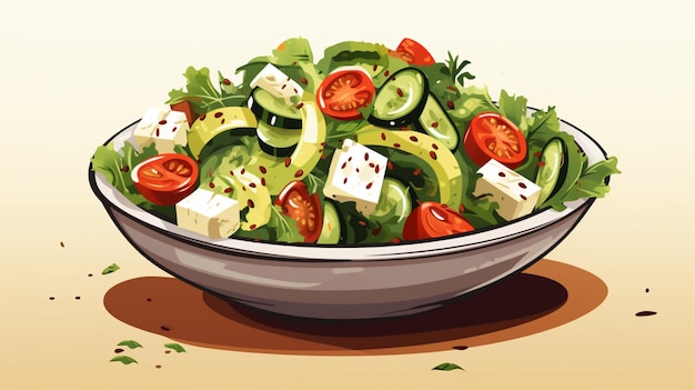 Vector a drawing of a bowl of vegetables with cheese and cucumber