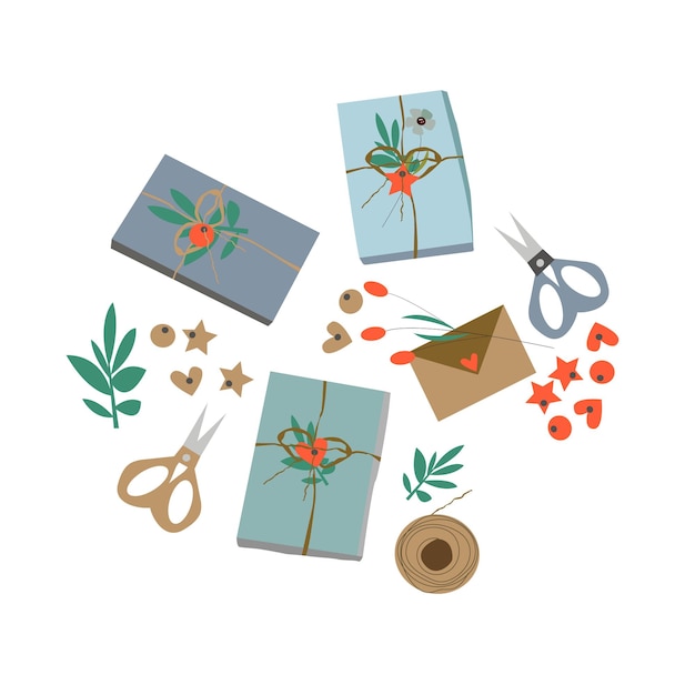 A drawing of a box with scissors and a ribbon on it.