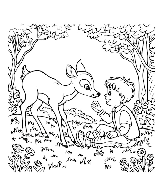 a drawing of a boy and a deer that is drawn in a park