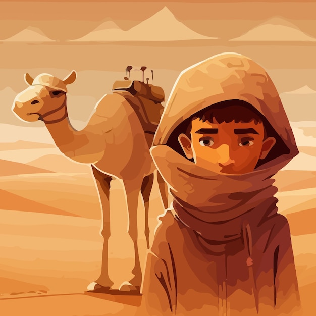 A drawing of a boy in a desert with a camel in the background.