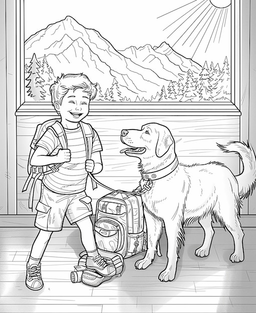 Vector a drawing of a boy and a dog with a picture of a mountain in the background