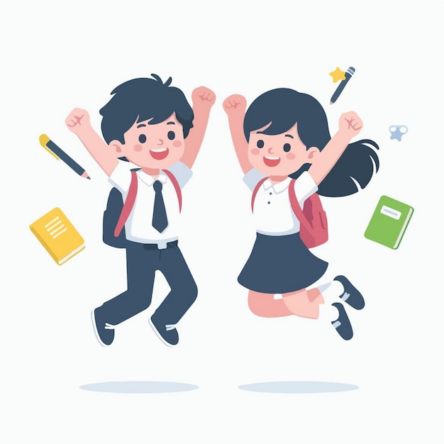 a drawing of a boy and girl jumping with their arms raised