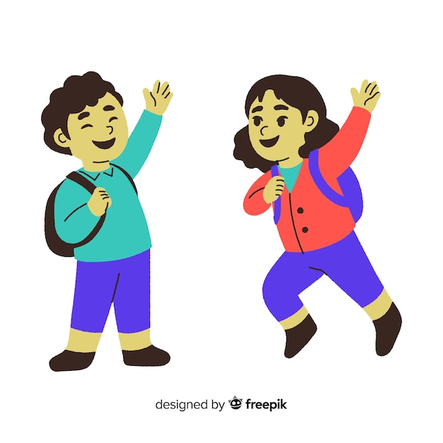 a drawing of a boy and girl with a backpack that says design