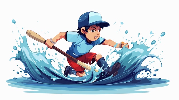 a drawing of a boy on a paddle with a stick