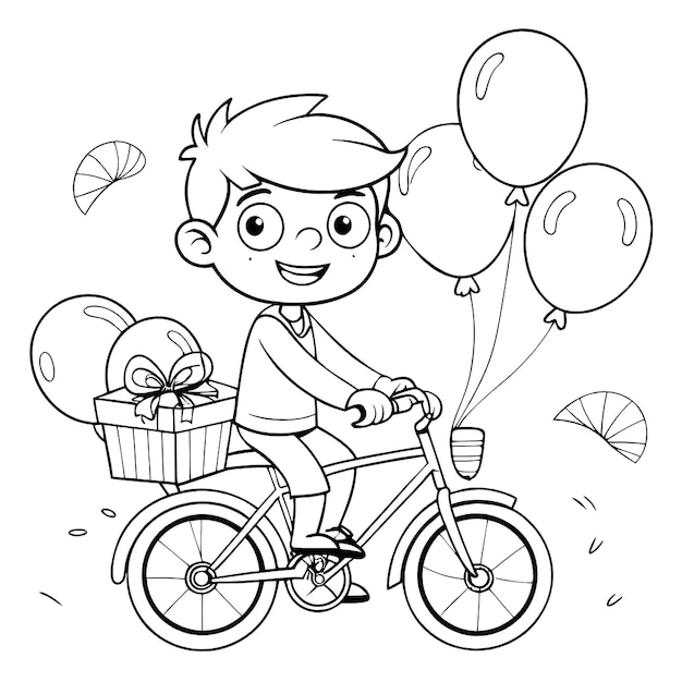 Vector a drawing of a boy riding a bike with balloons and a basket of balloons