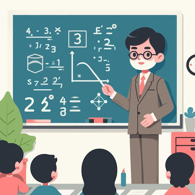 a drawing of a boy with a pointer pointing at a chalkboard